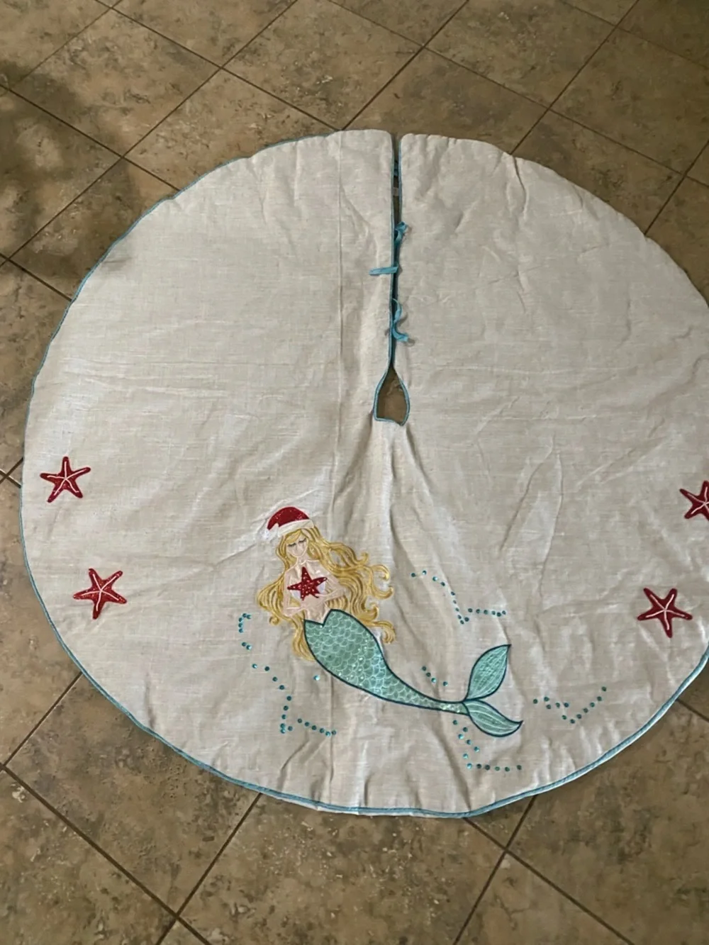Mermaid Starfish Embroidered Coastal Turquoise White Christmas 52”W Tree Skirt